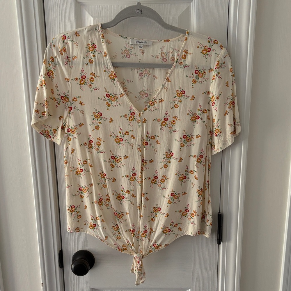 MADEWELL Cream Floral Tie-Knot V-Blouse